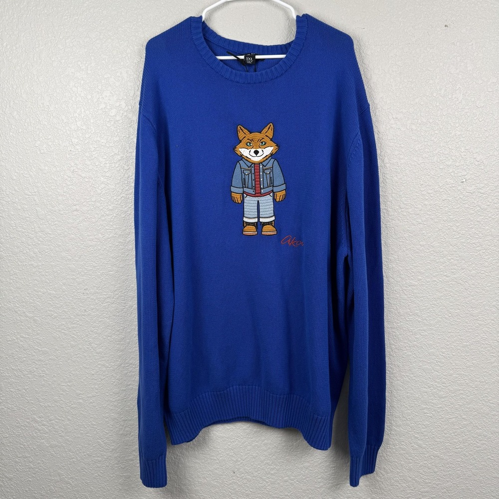 AKOO Sweater Mens 5XL Blue Crewneck Fox Embroidered Cotton Pullover Streetwear